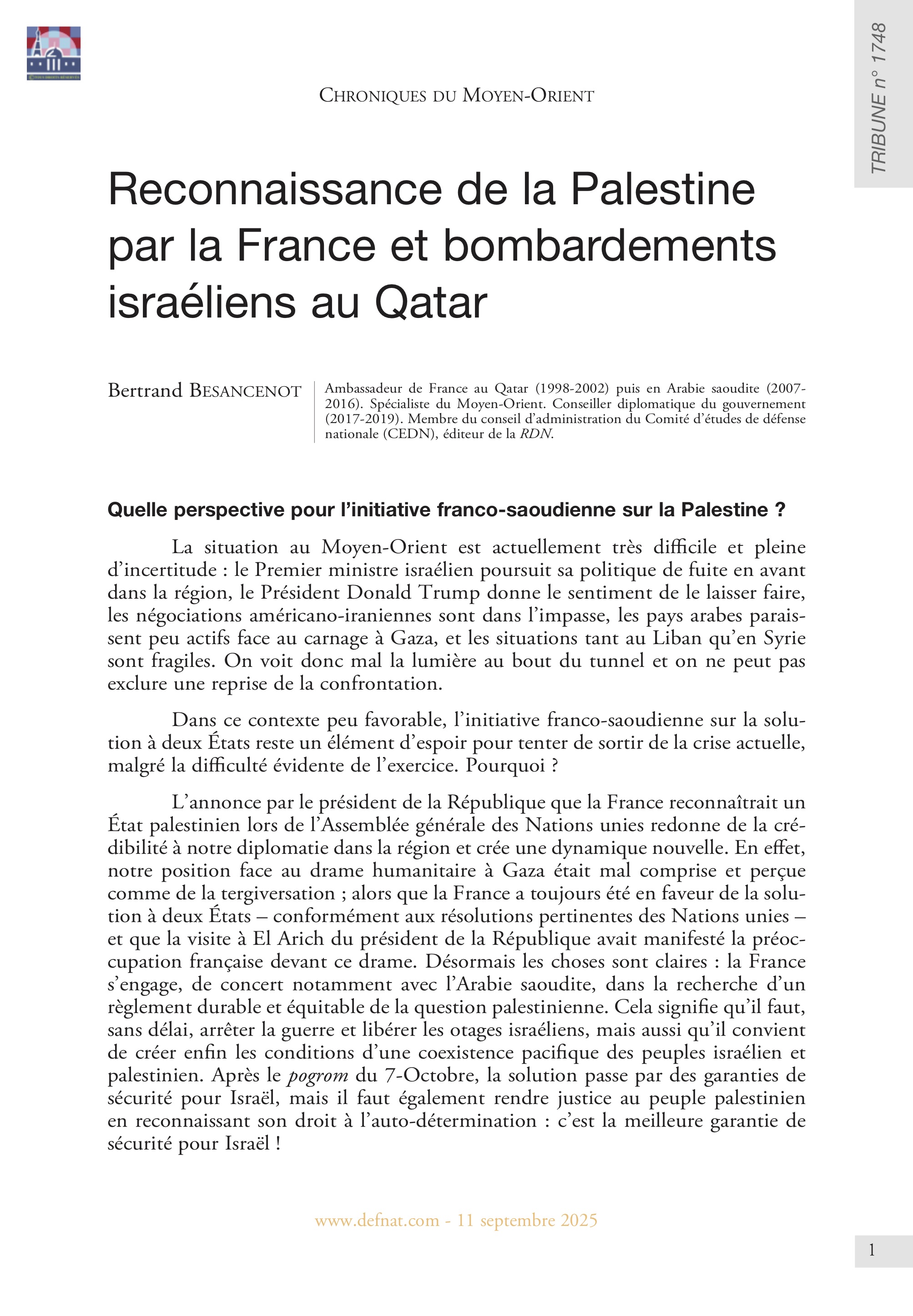 Chroniques du Moyen-Orient – Reconnaissance de la Palestine par la France et bombardements israéliens au Qatar (T 1748)
